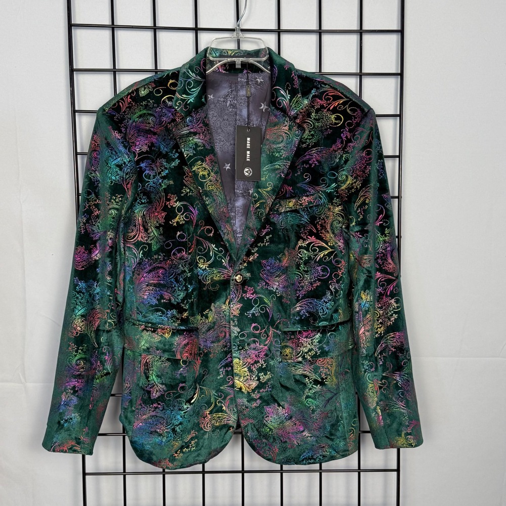 Mage Male Blazer Mens Small Green Multi Velvet Holographic Paisley Dinner Jacket